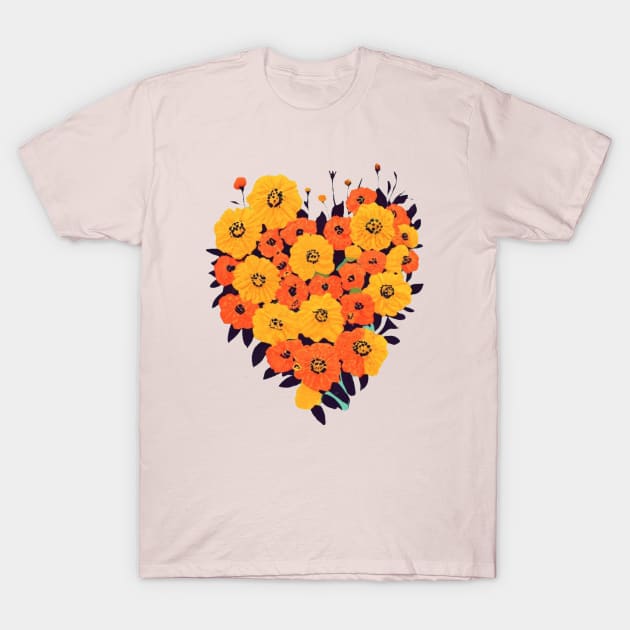 Heart Shaped Marigold Dia de Muertos T-Shirt by ChasingTees